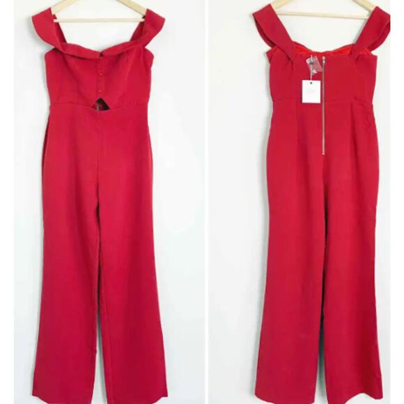 NWT L'Acadamie Red Cutout Jumpsuit  Small Off Shoulder Wide Leg - Picture 3 of 4